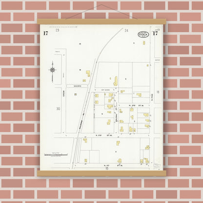 Old map wall art mockup — magnetic wood frame on brick wall — Sanborn Fire Insurance Map from Ocala, Marion County, Florida (1924), Sheet #0017