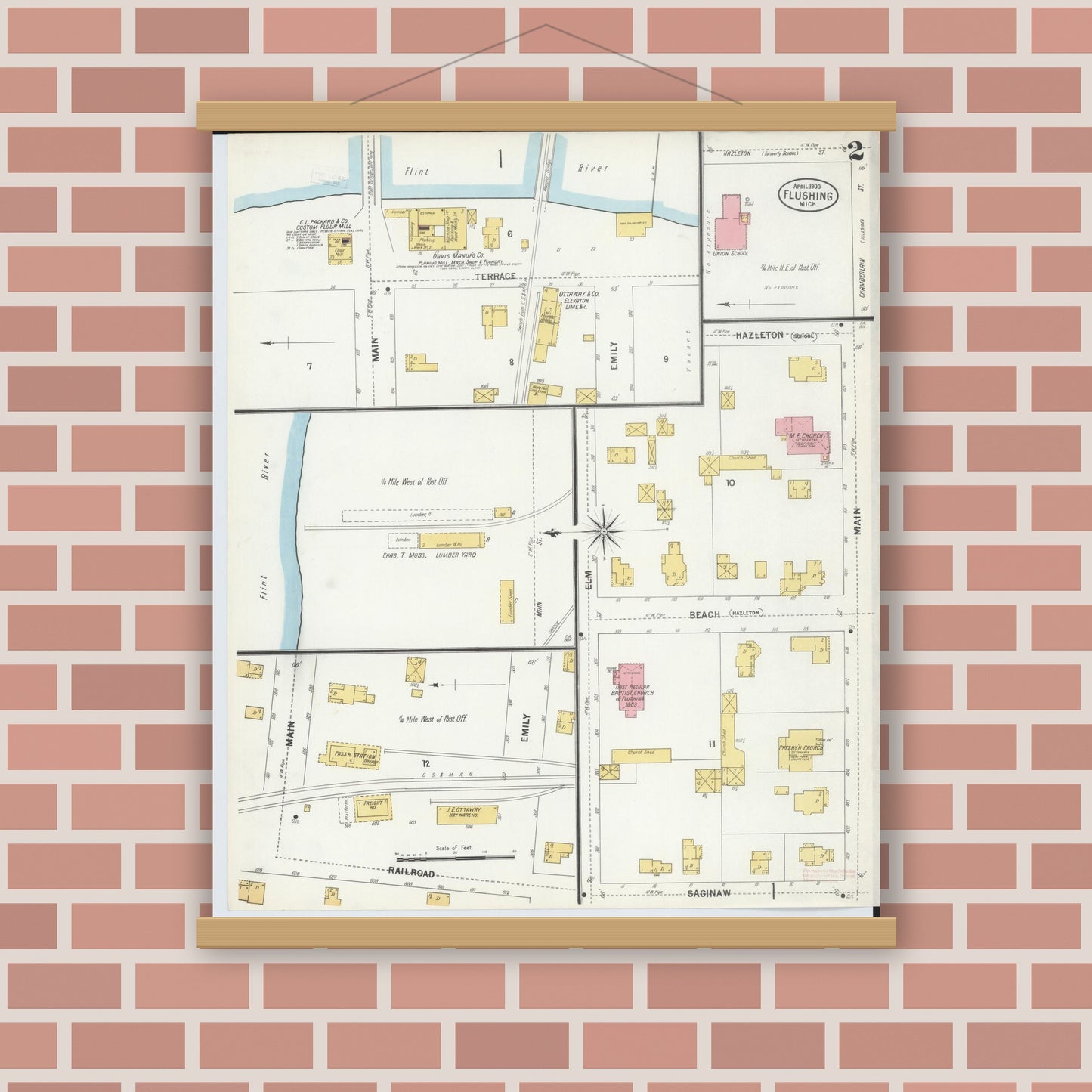 Old map wall art mockup — magnetic wood frame on brick wall — Sanborn Fire Insurance Map from Flushing, Genesee County, Michigan (1900), Sheet #0002