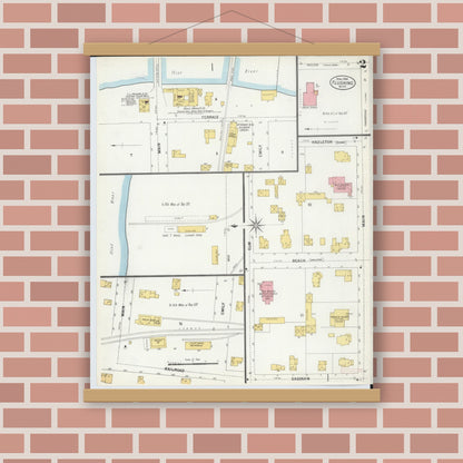 Old map wall art mockup — magnetic wood frame on brick wall — Sanborn Fire Insurance Map from Flushing, Genesee County, Michigan (1900), Sheet #0002
