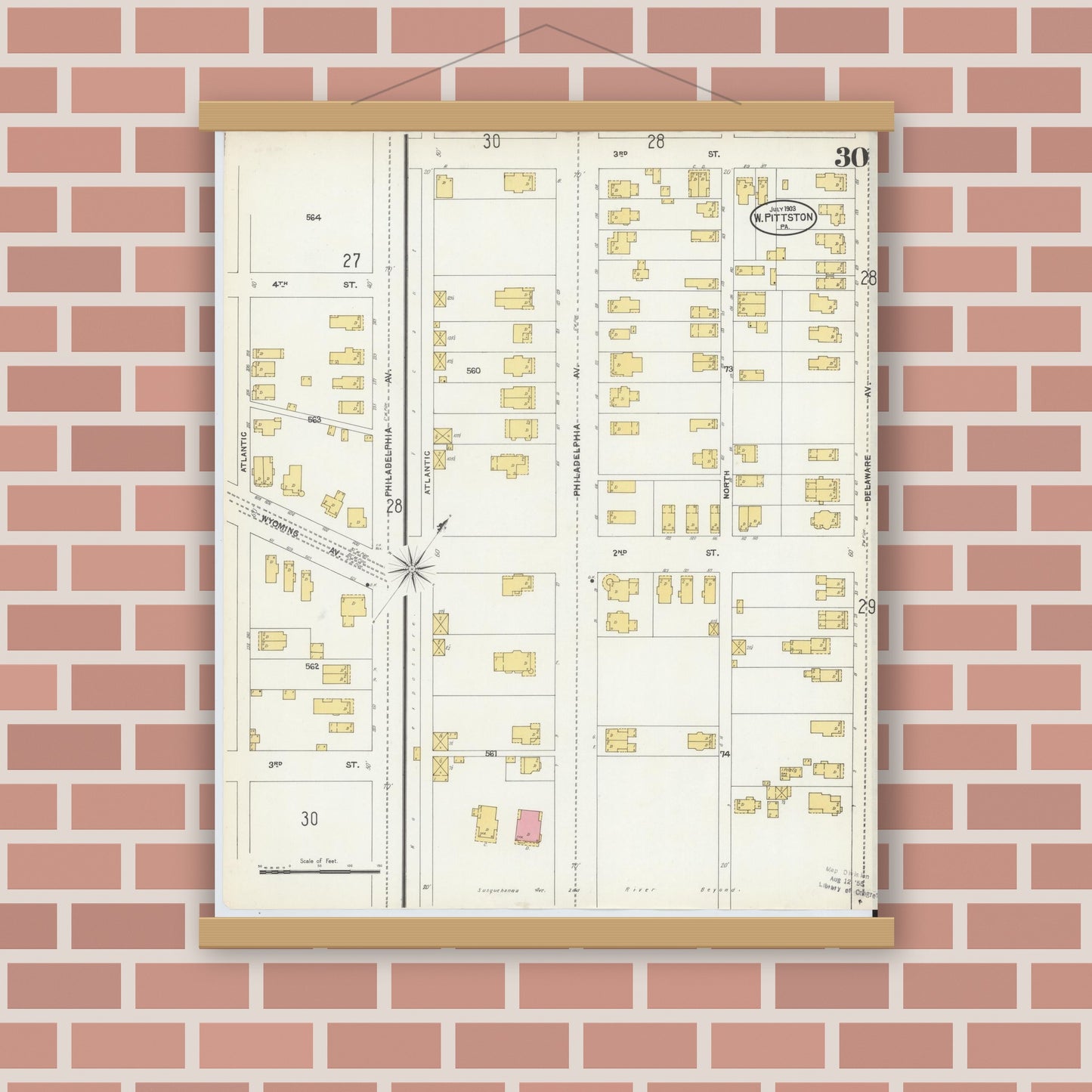 Old map wall art mockup — magnetic wood frame on brick wall — Sanborn Fire Insurance Map from Pittston, Luzerne County, Pennsylvania (1903), Sheet #0030