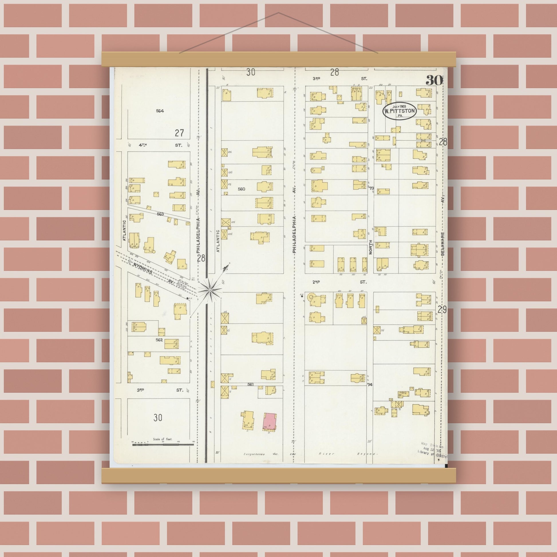 Old map wall art mockup — magnetic wood frame on brick wall — Sanborn Fire Insurance Map from Pittston, Luzerne County, Pennsylvania (1903), Sheet #0030