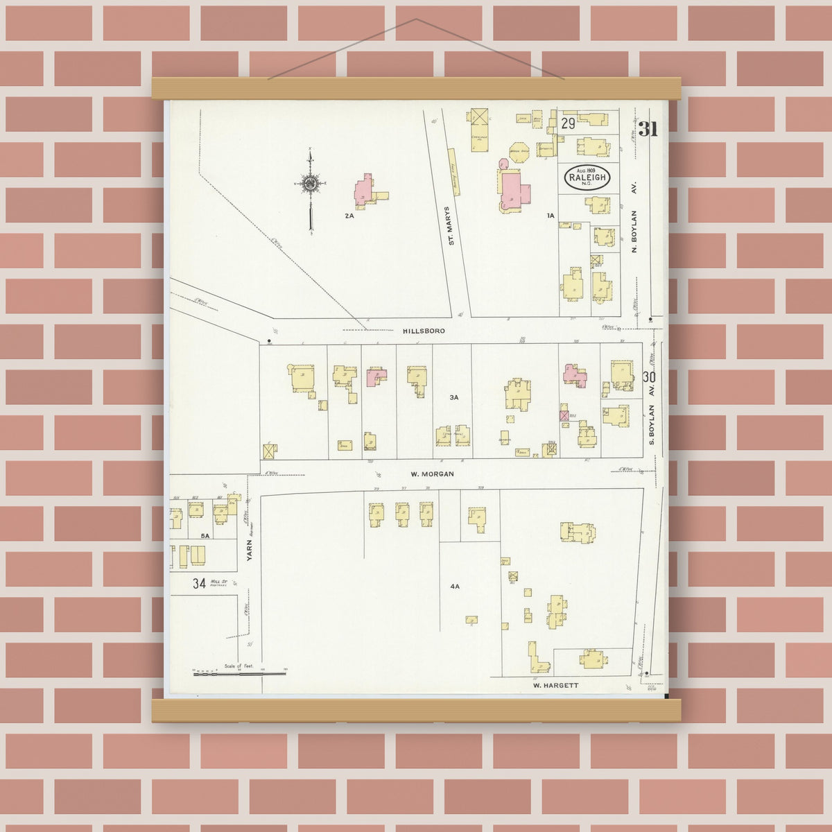 Old map wall art mockup — magnetic wood frame on brick wall — Sanborn Fire Insurance Map from Raleigh, Wake County, North Carolina (1909), Sheet #0031