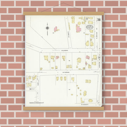 Old map wall art mockup — magnetic wood frame on brick wall — Sanborn Fire Insurance Map from Raleigh, Wake County, North Carolina (1909), Sheet #0031
