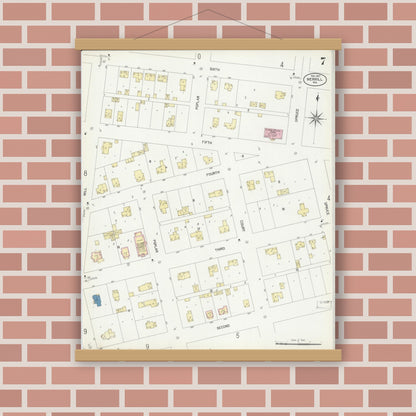 Old map wall art mockup — magnetic wood frame on brick wall — Sanborn Fire Insurance Map from Merrill, Lincoln County, Wisconsin (1907), Sheet #0007