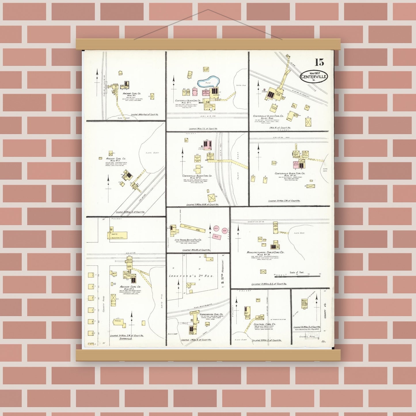 Old map wall art mockup — magnetic wood frame on brick wall — Sanborn Fire Insurance Map from Centerville, Appanoose County, Iowa (1907), Sheet #0015
