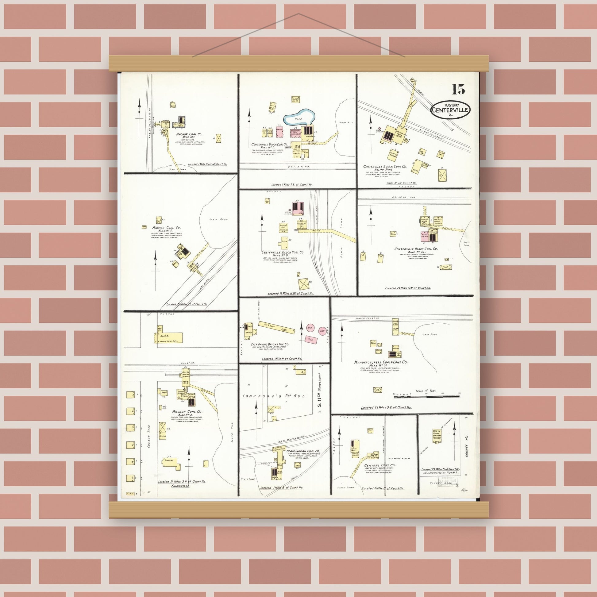 Old map wall art mockup — magnetic wood frame on brick wall — Sanborn Fire Insurance Map from Centerville, Appanoose County, Iowa (1907), Sheet #0015