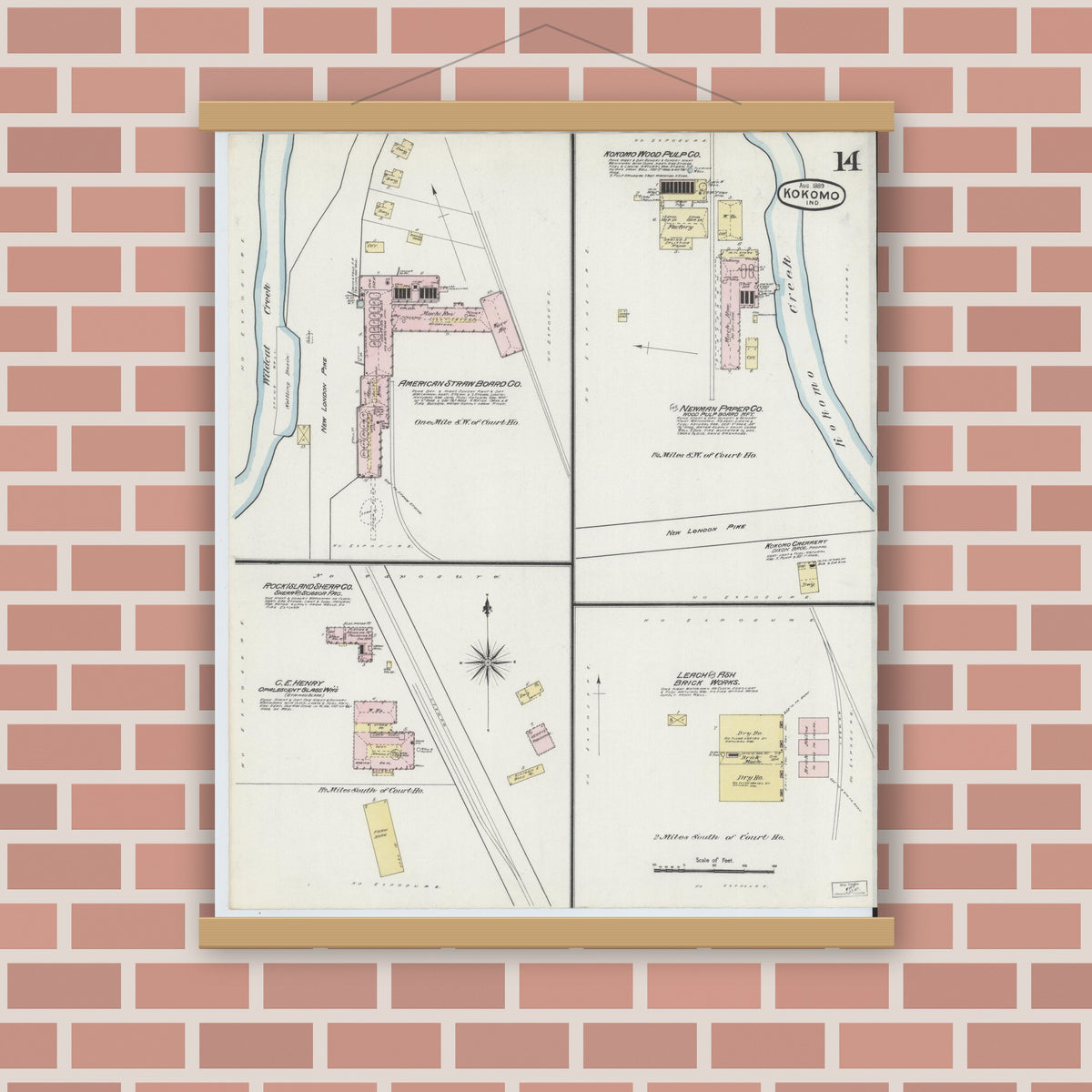 Old map wall art mockup — magnetic wood frame on brick wall — Sanborn Fire Insurance Map from Kokomo, Howard County, Indiana (1889), Sheet #0014