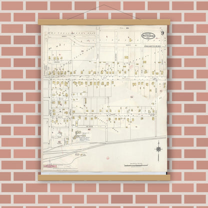 Old map wall art mockup — magnetic wood frame on brick wall — Sanborn Fire Insurance Map from Whitesboro, Grayson County, Texas (1943), Sheet #0009