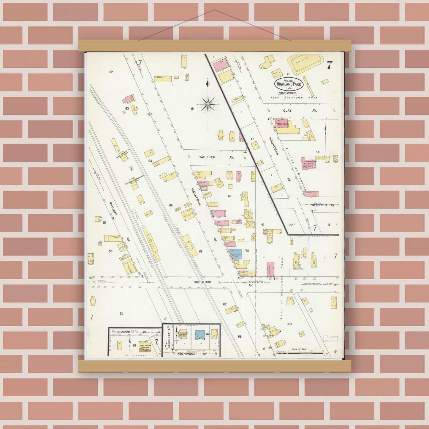 Old map wall art mockup — magnetic wood frame on brick wall — Sanborn Fire Insurance Map from Highland Park, Lake County, Illinois (1907), Sheet #0007