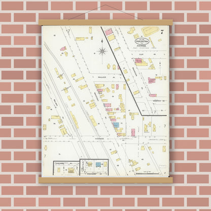Old map wall art mockup — magnetic wood frame on brick wall — Sanborn Fire Insurance Map from Highland Park, Lake County, Illinois (1907), Sheet #0007