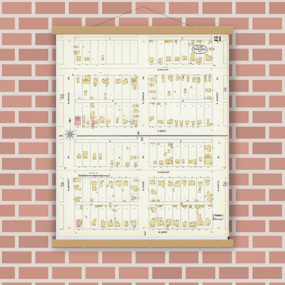 Old map wall art mockup — magnetic wood frame on brick wall — Sanborn Fire Insurance Map from Denison, Grayson County, Texas (1903), Sheet #0021