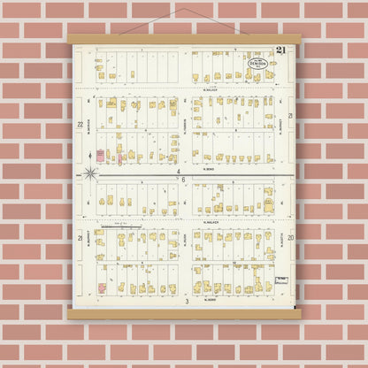 Old map wall art mockup — magnetic wood frame on brick wall — Sanborn Fire Insurance Map from Denison, Grayson County, Texas (1903), Sheet #0021