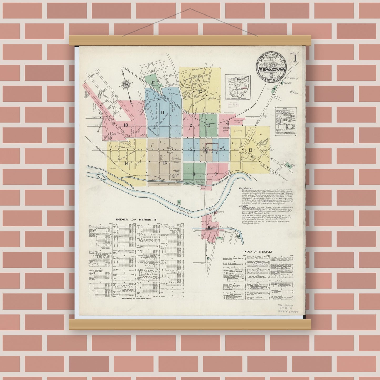 Old map wall art mockup — magnetic wood frame on brick wall — Sanborn Fire Insurance Map from New Philadelphia, Tuscarawas County, Ohio (1914) - Complete Map Set