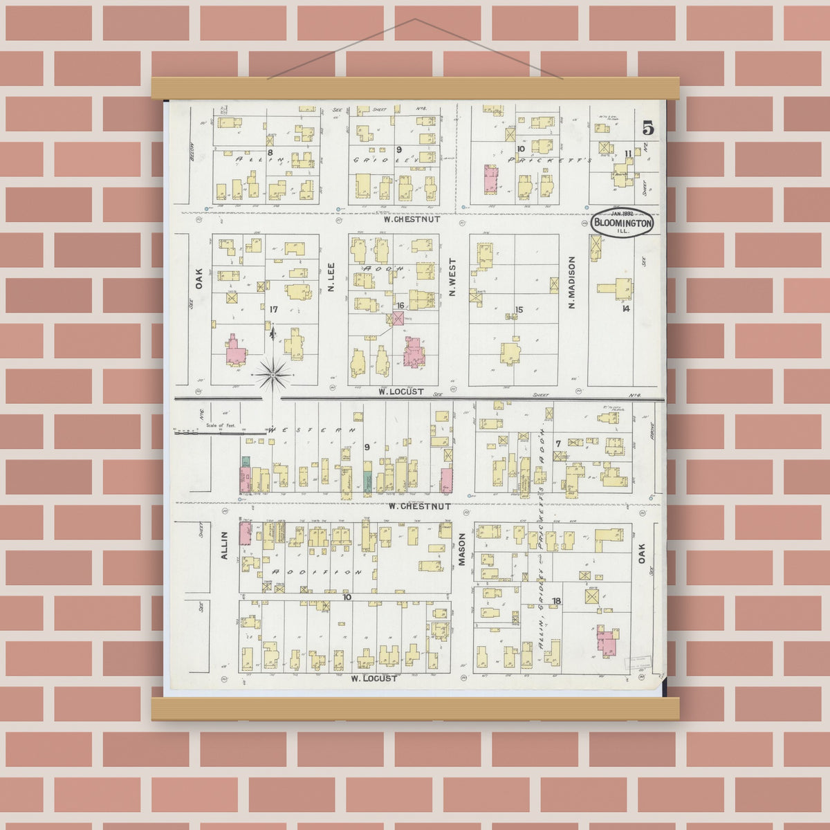 Old map wall art mockup — magnetic wood frame on brick wall — Sanborn Fire Insurance Map from Bloomington, McLean County, Illinois (1892), Sheet #0005