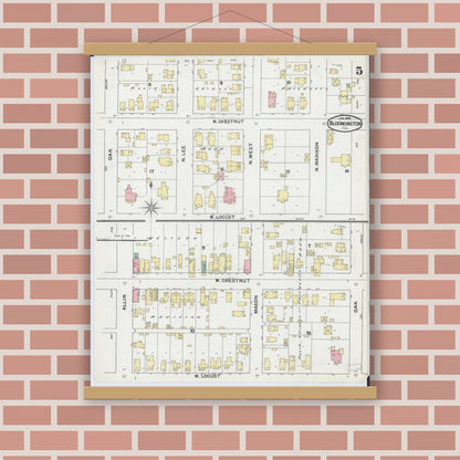 Old map wall art mockup — magnetic wood frame on brick wall — Sanborn Fire Insurance Map from Bloomington, McLean County, Illinois (1892), Sheet #0005