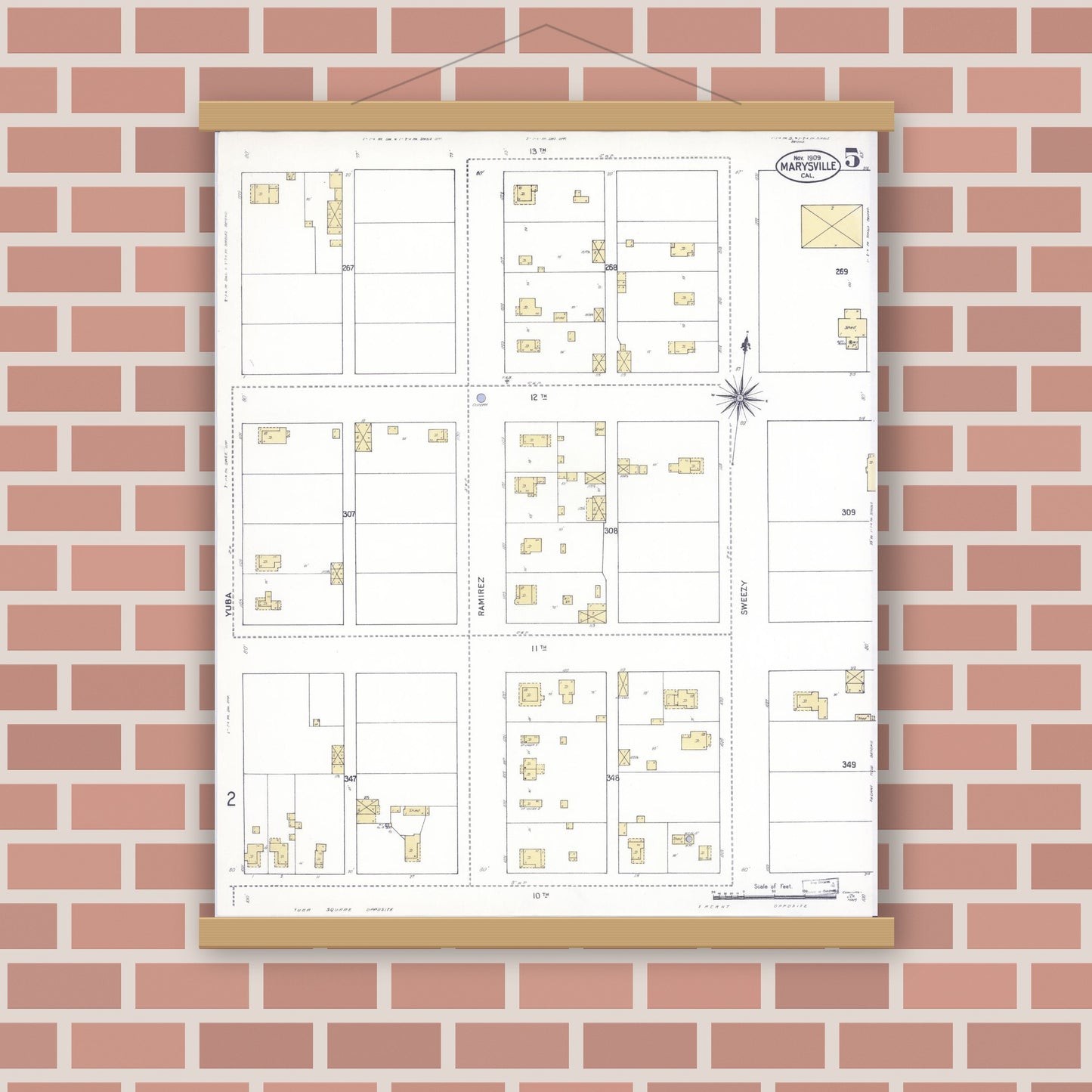 Old map wall art mockup — magnetic wood frame on brick wall — Sanborn Fire Insurance Map from Marysville, Yuba County, California (1909), Sheet #0005