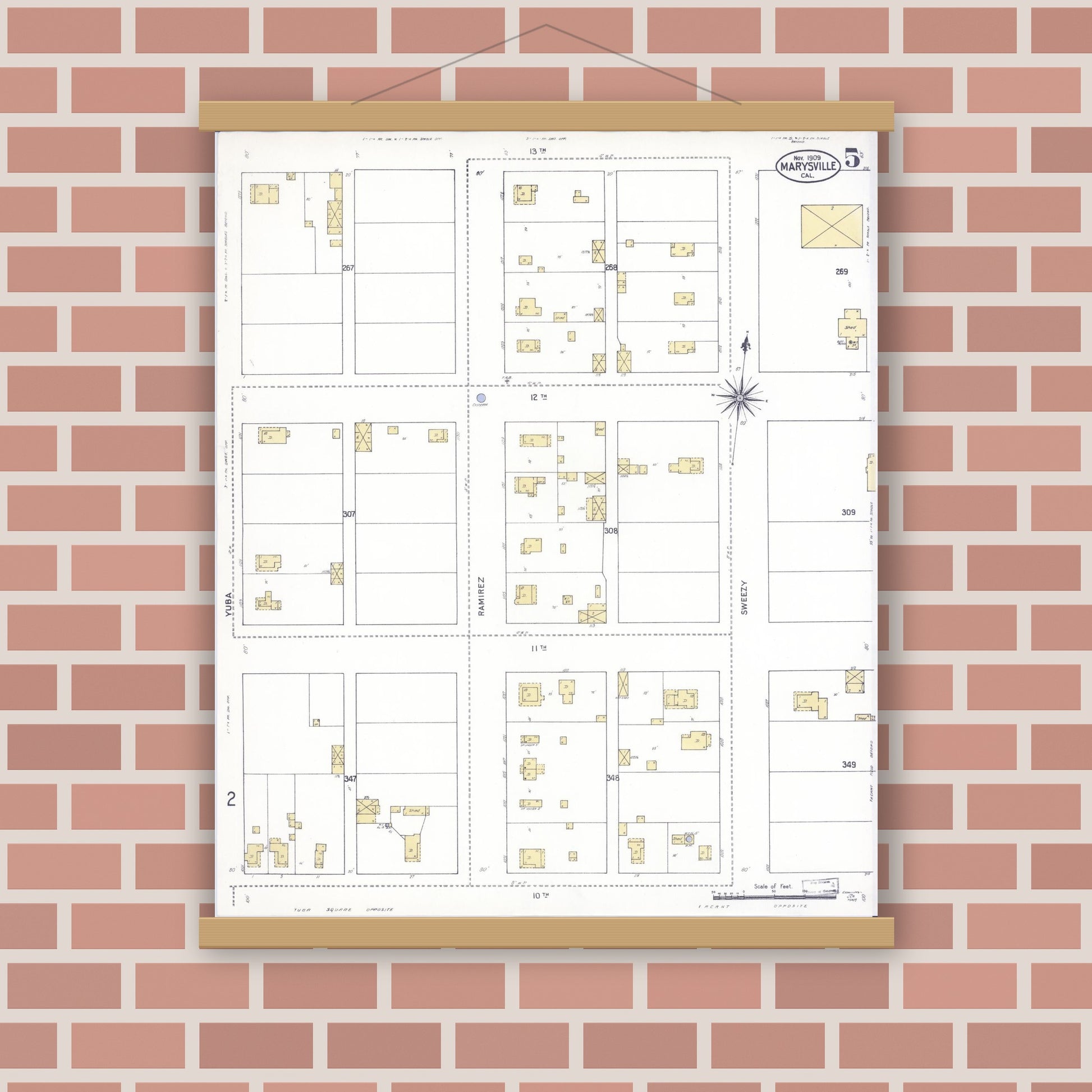 Old map wall art mockup — magnetic wood frame on brick wall — Sanborn Fire Insurance Map from Marysville, Yuba County, California (1909), Sheet #0005