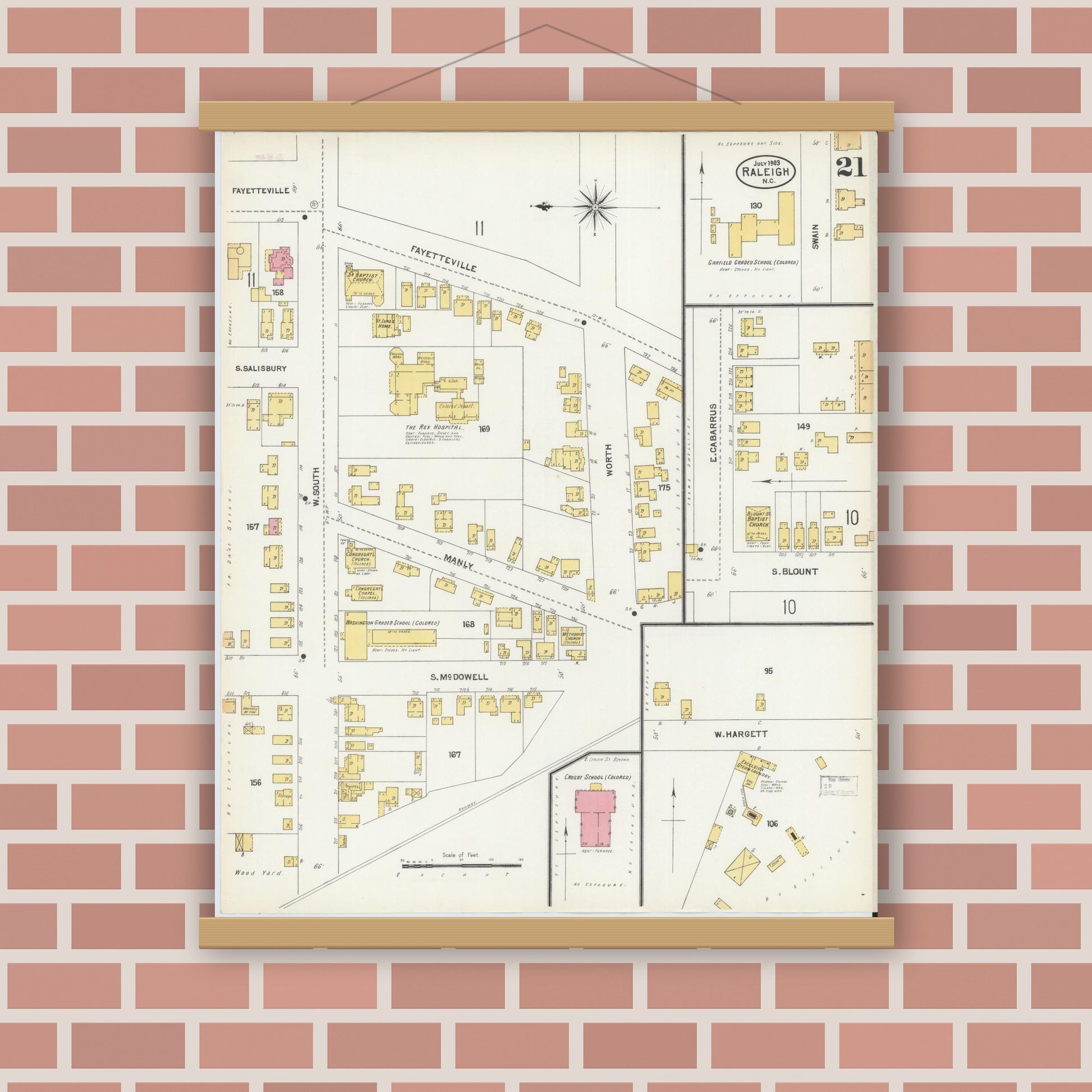 Old map wall art mockup — magnetic wood frame on brick wall — Sanborn Fire Insurance Map from Raleigh, Wake County, North Carolina (1903), Sheet #0021