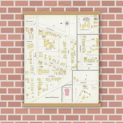 Old map wall art mockup — magnetic wood frame on brick wall — Sanborn Fire Insurance Map from Raleigh, Wake County, North Carolina (1903), Sheet #0021