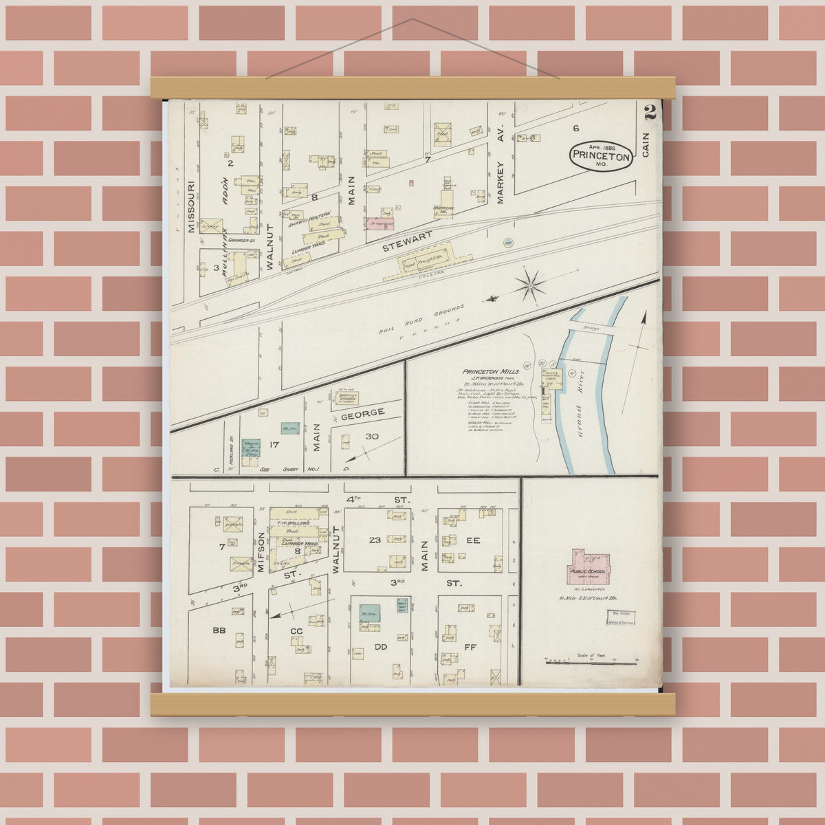 Old map wall art mockup — magnetic wood frame on brick wall — Sanborn Fire Insurance Map from Princeton, Mercer County, Missouri (1886), Sheet #0002