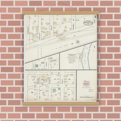 Old map wall art mockup — magnetic wood frame on brick wall — Sanborn Fire Insurance Map from Princeton, Mercer County, Missouri (1886), Sheet #0002