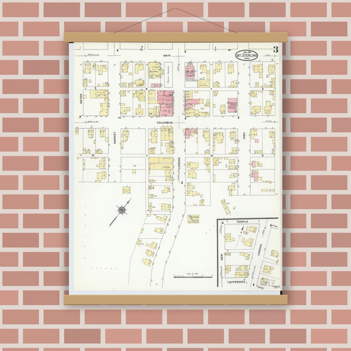 Old map wall art mockup — magnetic wood frame on brick wall — Sanborn Fire Insurance Map from Mount Sterling, Madison County, Ohio (1910), Sheet #0003