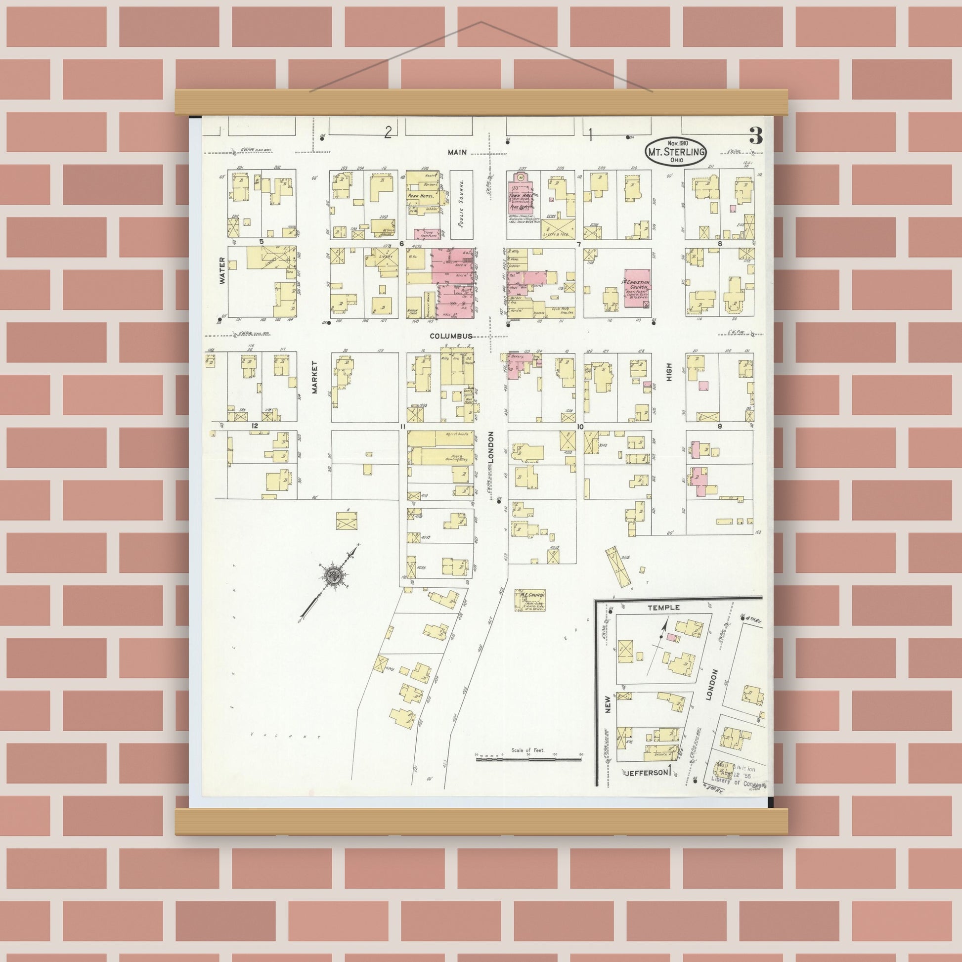 Old map wall art mockup — magnetic wood frame on brick wall — Sanborn Fire Insurance Map from Mount Sterling, Madison County, Ohio (1910), Sheet #0003