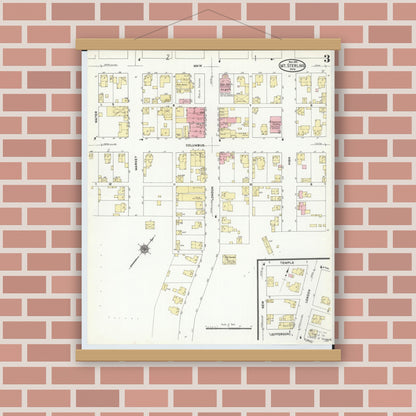 Old map wall art mockup — magnetic wood frame on brick wall — Sanborn Fire Insurance Map from Mount Sterling, Madison County, Ohio (1910), Sheet #0003