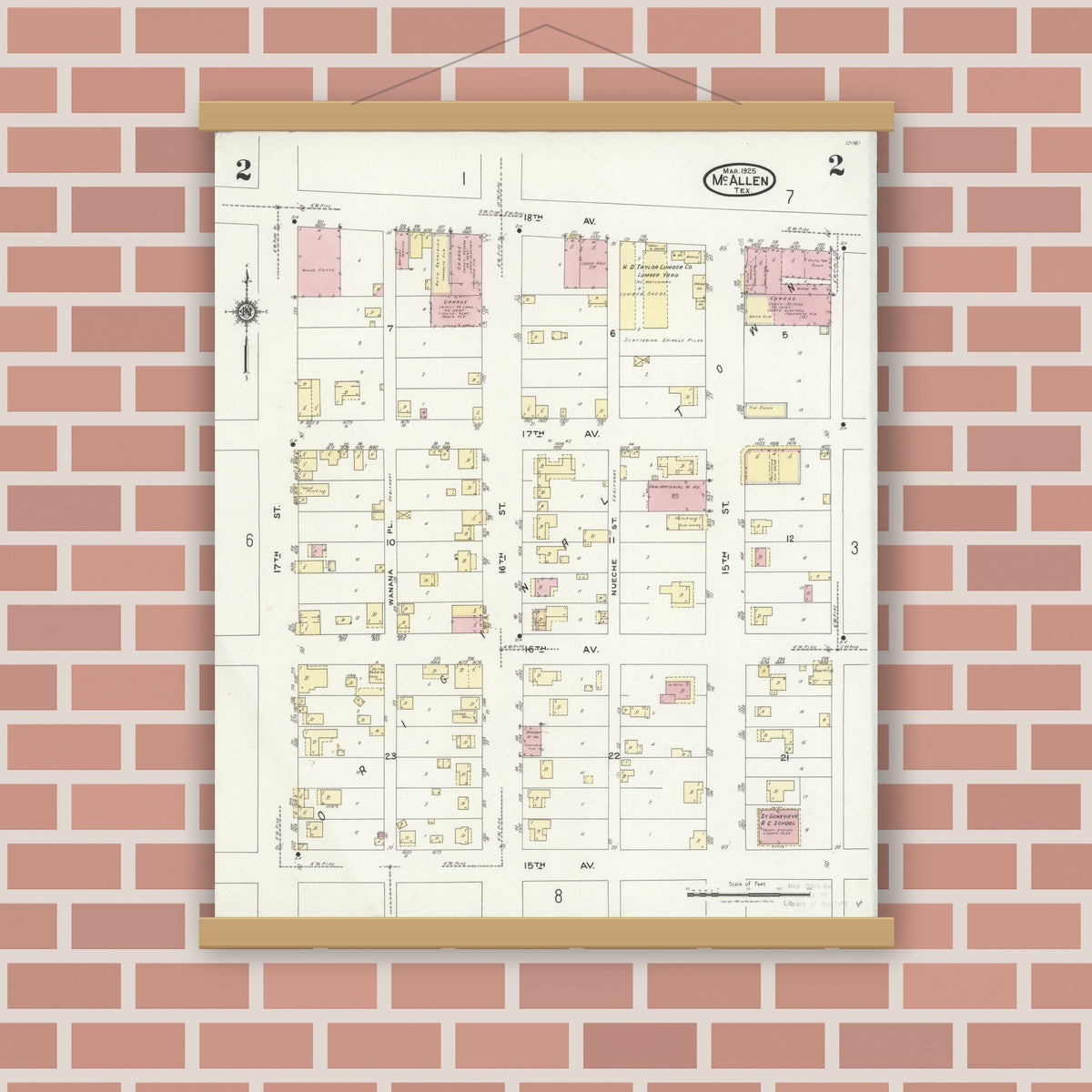 Old map wall art mockup — magnetic wood frame on brick wall — Sanborn Fire Insurance Map from McAllen, Hidalgo County, Texas (1925), Sheet #0002