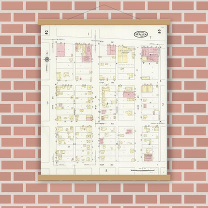Old map wall art mockup — magnetic wood frame on brick wall — Sanborn Fire Insurance Map from McAllen, Hidalgo County, Texas (1925), Sheet #0002