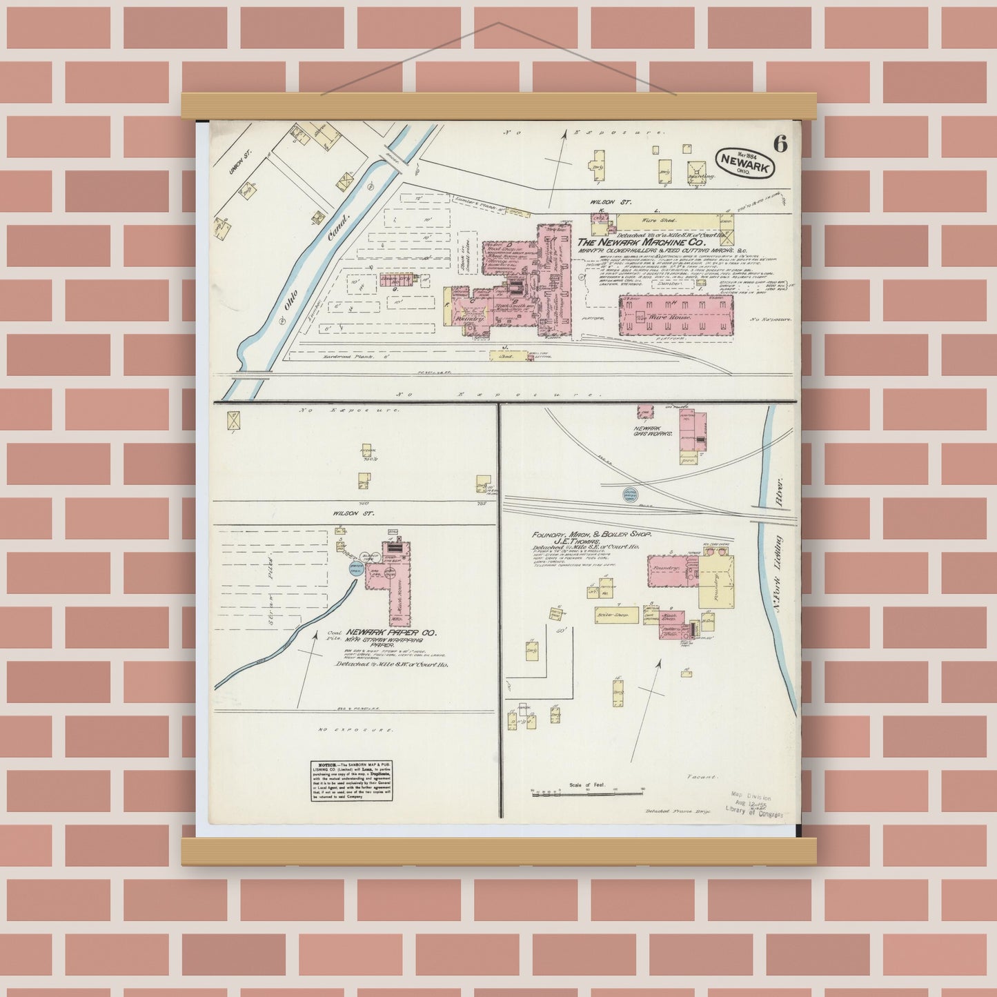 Old map wall art mockup — magnetic wood frame on brick wall — Sanborn Fire Insurance Map from Newark, Licking County, Ohio (1884), Sheet #0006