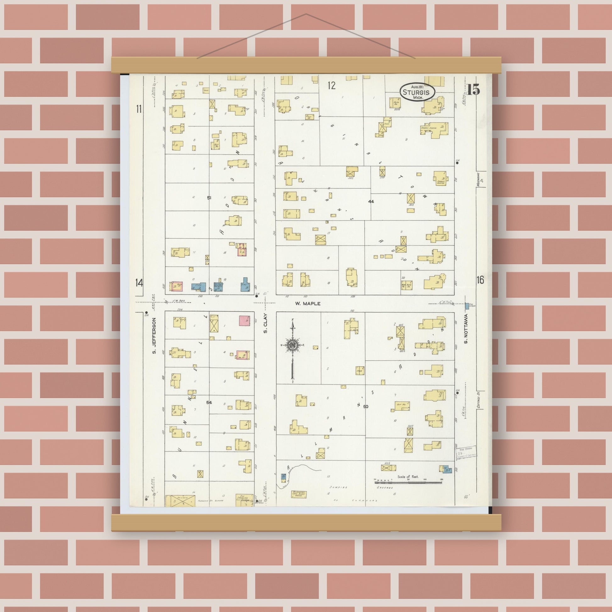 Old map wall art mockup — magnetic wood frame on brick wall — Sanborn Fire Insurance Map from Sturgis, Saint Joseph County, Michigan (1911), Sheet #0015
