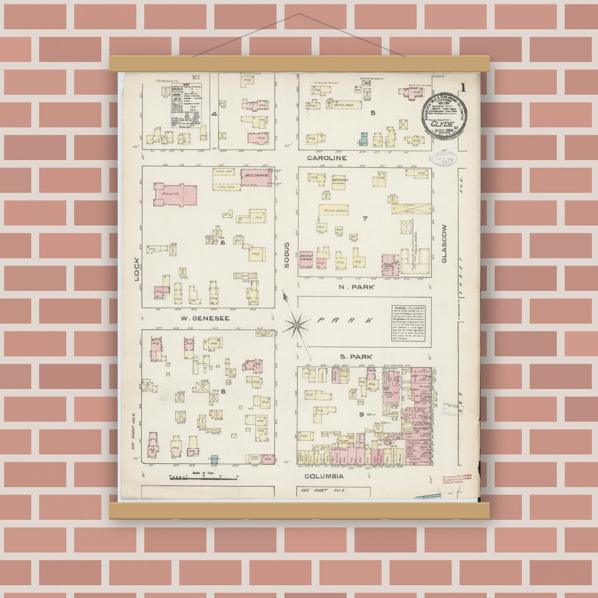 Old map wall art mockup — magnetic wood frame on brick wall — Sanborn Fire Insurance Map from Clyde, Wayne County, New York (1884) - Complete Map Set