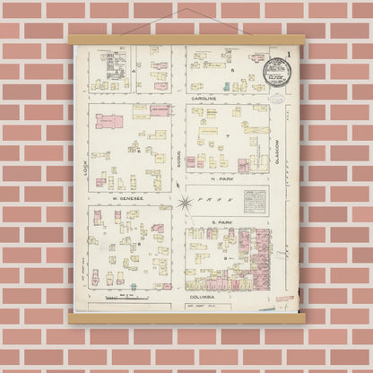 Old map wall art mockup — magnetic wood frame on brick wall — Sanborn Fire Insurance Map from Clyde, Wayne County, New York (1884) - Complete Map Set