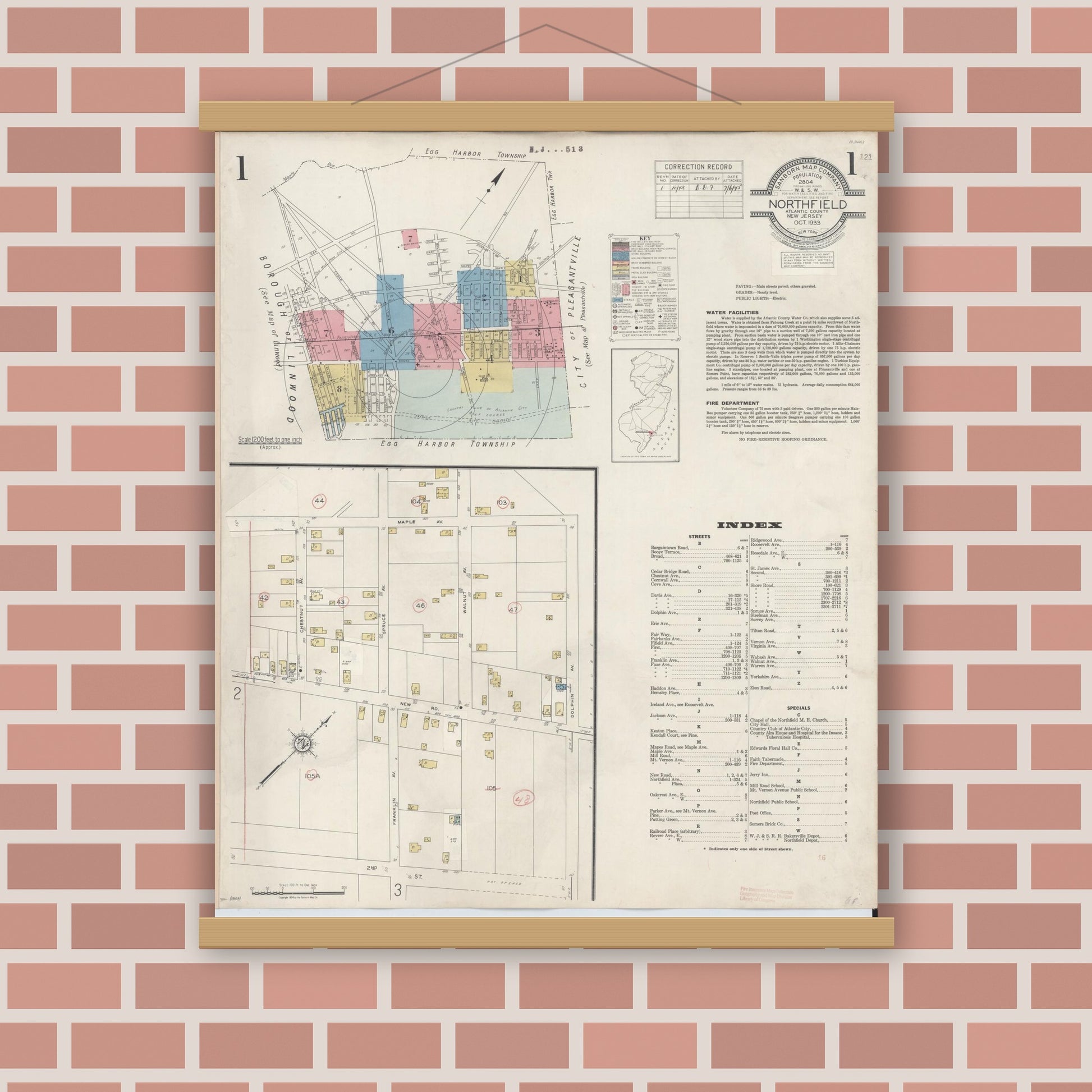 Old map wall art mockup — magnetic wood frame on brick wall — Sanborn Fire Insurance Map from Northfield, Atlantic County, New Jersey (1942) - Complete Map Set