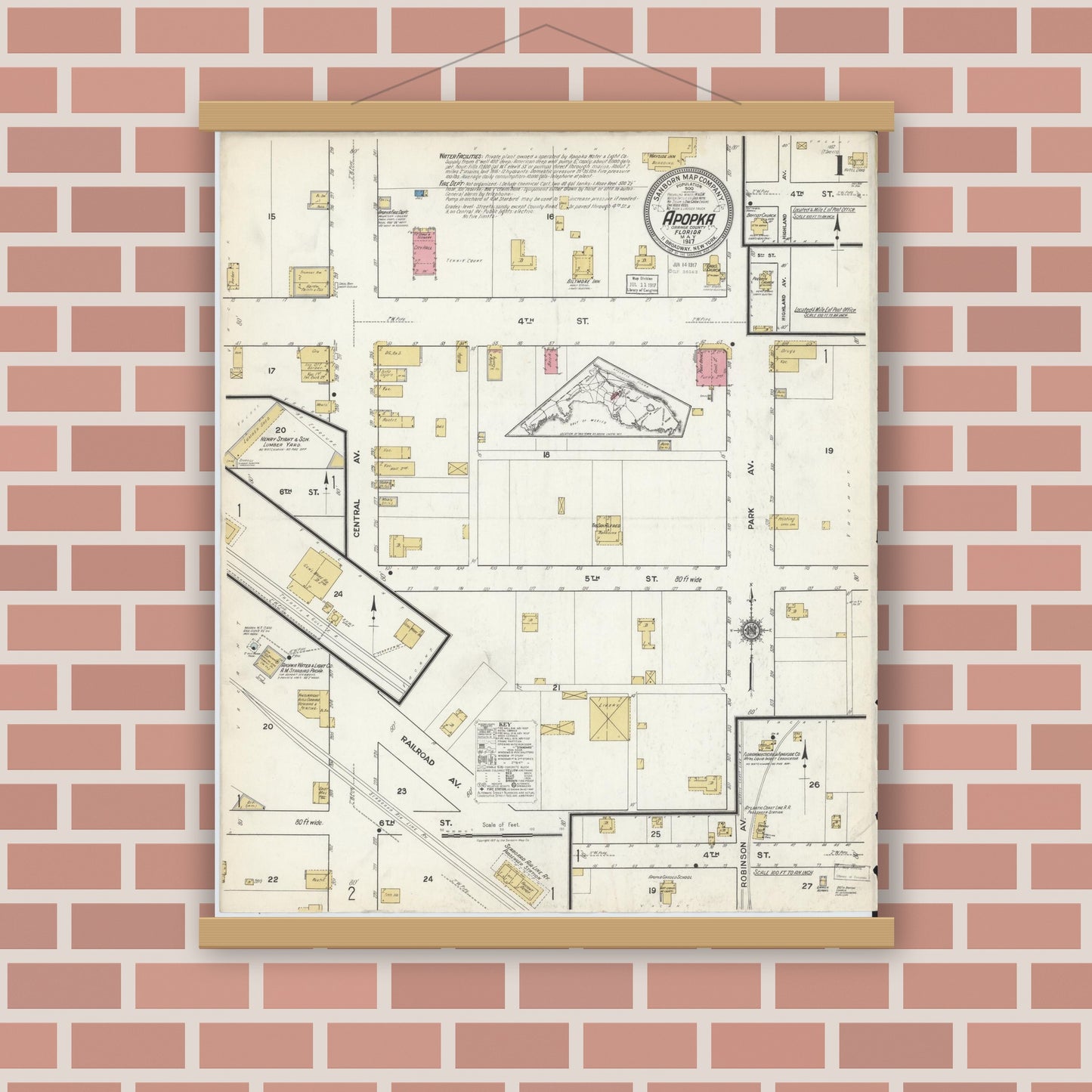 Old map wall art mockup — magnetic wood frame on brick wall — Sanborn Fire Insurance Map from Apopka, Orange County, Florida (1917), Sheet #0001