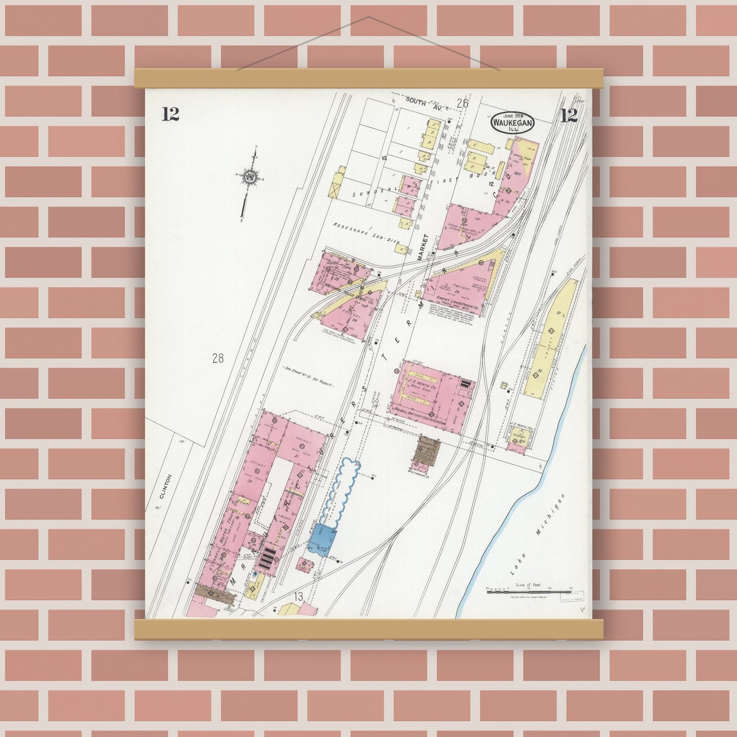 Old map wall art mockup — magnetic wood frame on brick wall — Sanborn Fire Insurance Map from Waukegan, Lake County, Illinois (1924), Sheet #0012