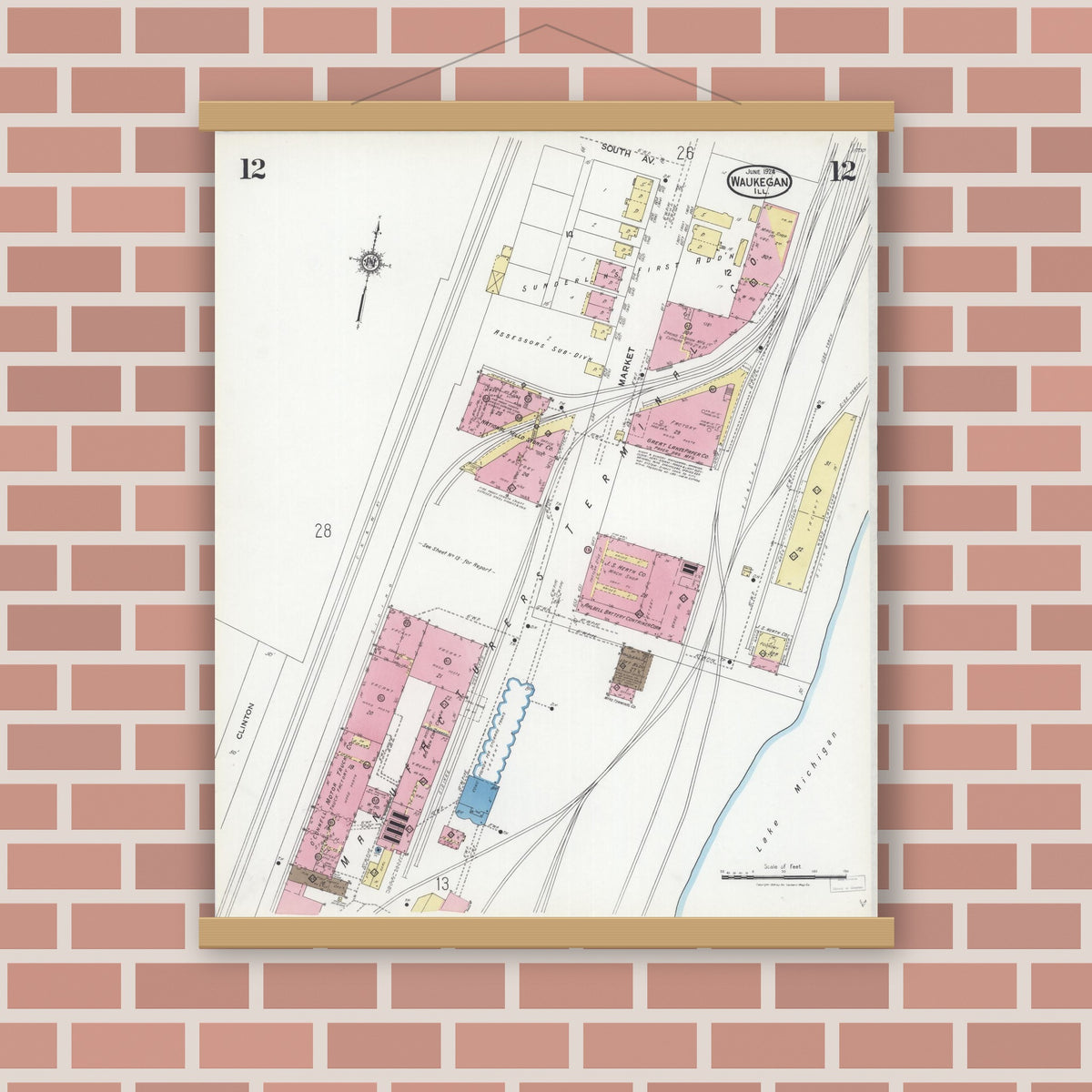 Old map wall art mockup — magnetic wood frame on brick wall — Sanborn Fire Insurance Map from Waukegan, Lake County, Illinois (1924), Sheet #0012