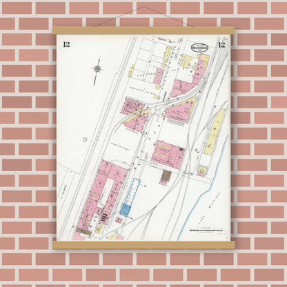 Old map wall art mockup — magnetic wood frame on brick wall — Sanborn Fire Insurance Map from Waukegan, Lake County, Illinois (1924), Sheet #0012