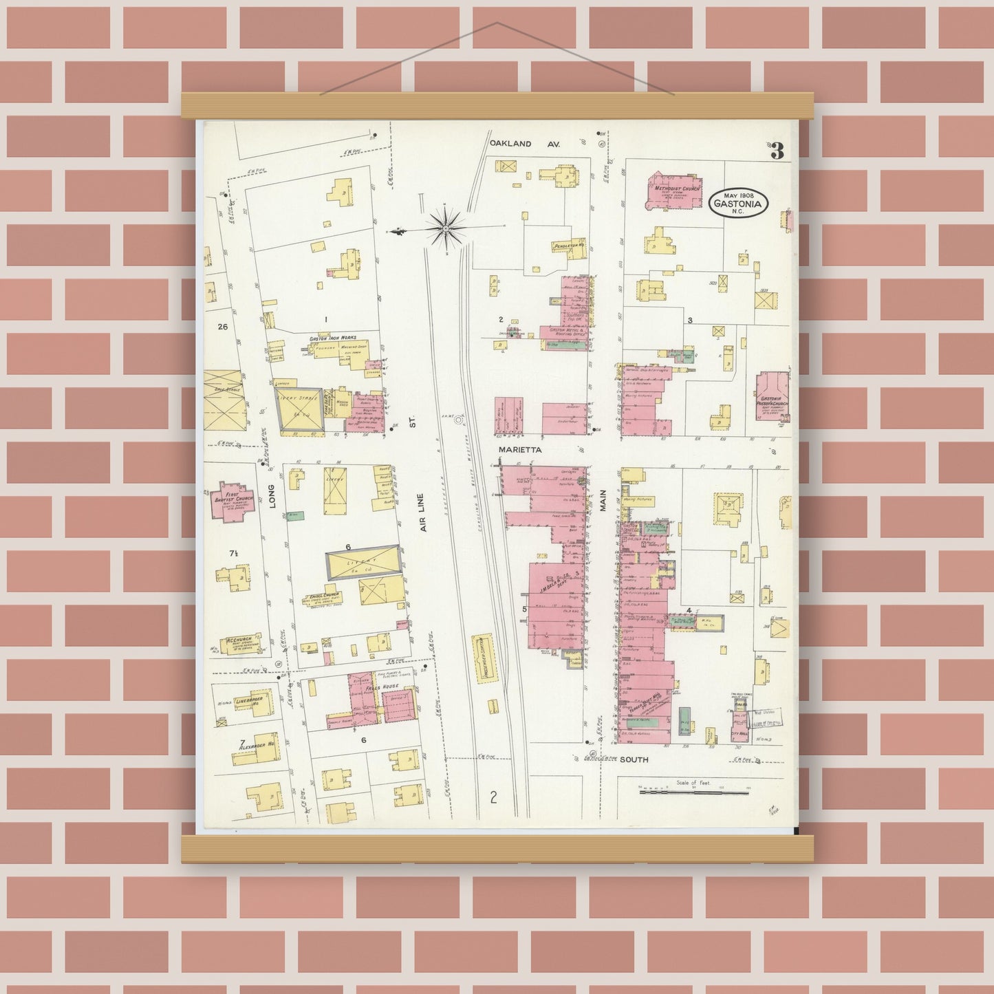 Old map wall art mockup — magnetic wood frame on brick wall — Sanborn Fire Insurance Map from Gastonia, Gaston County, North Carolina (1908), Sheet #0003