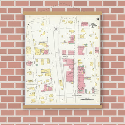Old map wall art mockup — magnetic wood frame on brick wall — Sanborn Fire Insurance Map from Gastonia, Gaston County, North Carolina (1908), Sheet #0003
