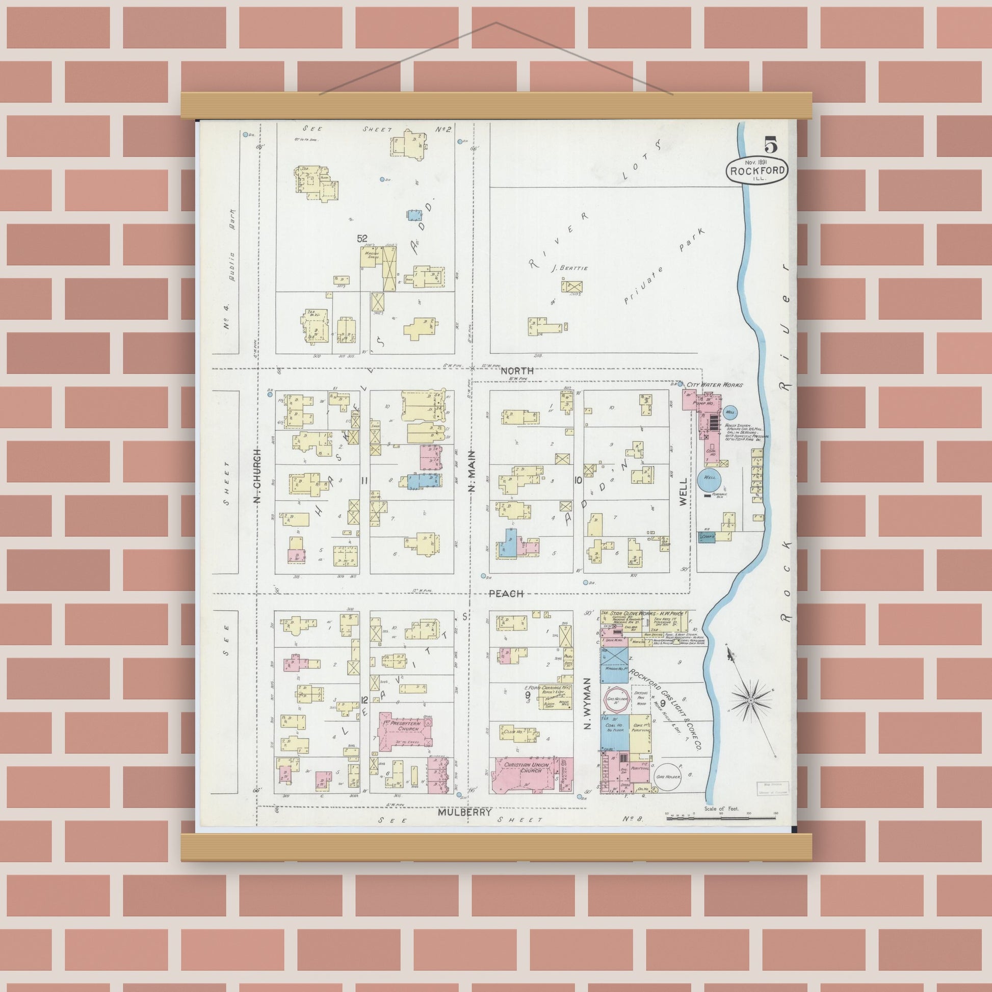 Old map wall art mockup — magnetic wood frame on brick wall — Sanborn Fire Insurance Map from Rockford, Winnebago County, Illinois (1891), Sheet #0005