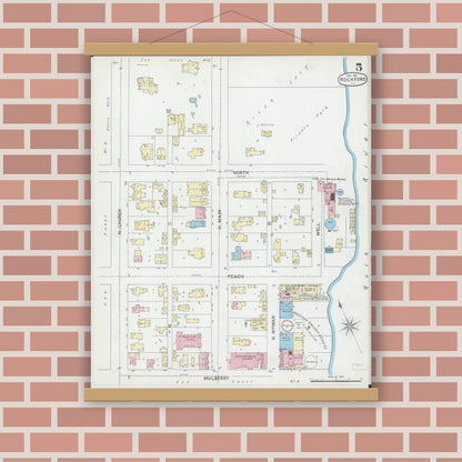 Old map wall art mockup — magnetic wood frame on brick wall — Sanborn Fire Insurance Map from Rockford, Winnebago County, Illinois (1891), Sheet #0005