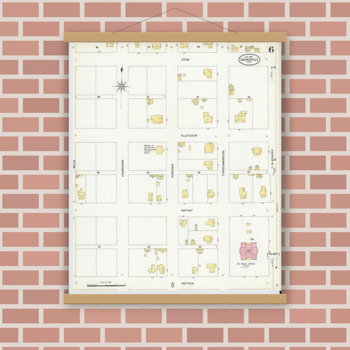 Old map wall art mockup — magnetic wood frame on brick wall — Sanborn Fire Insurance Map from Gainesville, Cooke County, Texas (1908), Sheet #0006