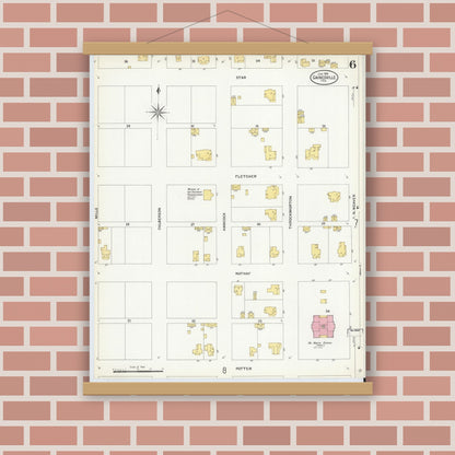 Old map wall art mockup — magnetic wood frame on brick wall — Sanborn Fire Insurance Map from Gainesville, Cooke County, Texas (1908), Sheet #0006