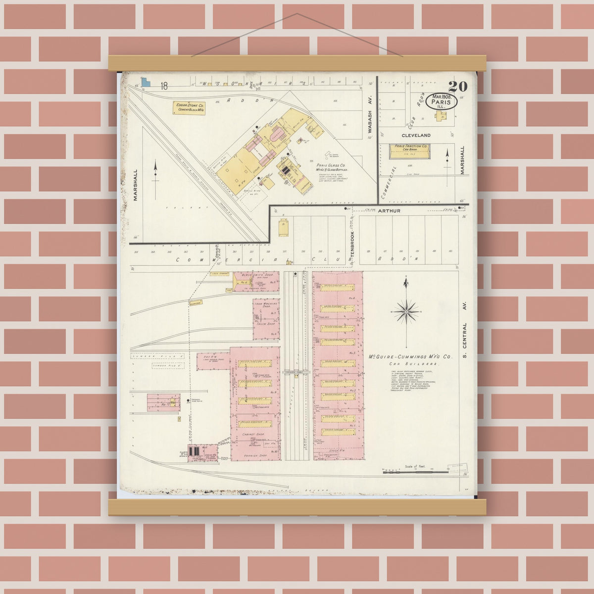 Old map wall art mockup — magnetic wood frame on brick wall — Sanborn Fire Insurance Map from Paris, Edgar County, Illinois (1908), Sheet #0020
