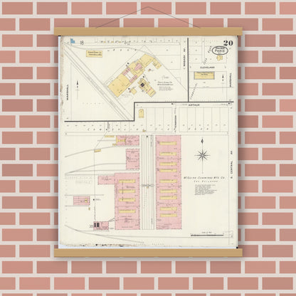 Old map wall art mockup — magnetic wood frame on brick wall — Sanborn Fire Insurance Map from Paris, Edgar County, Illinois (1908), Sheet #0020