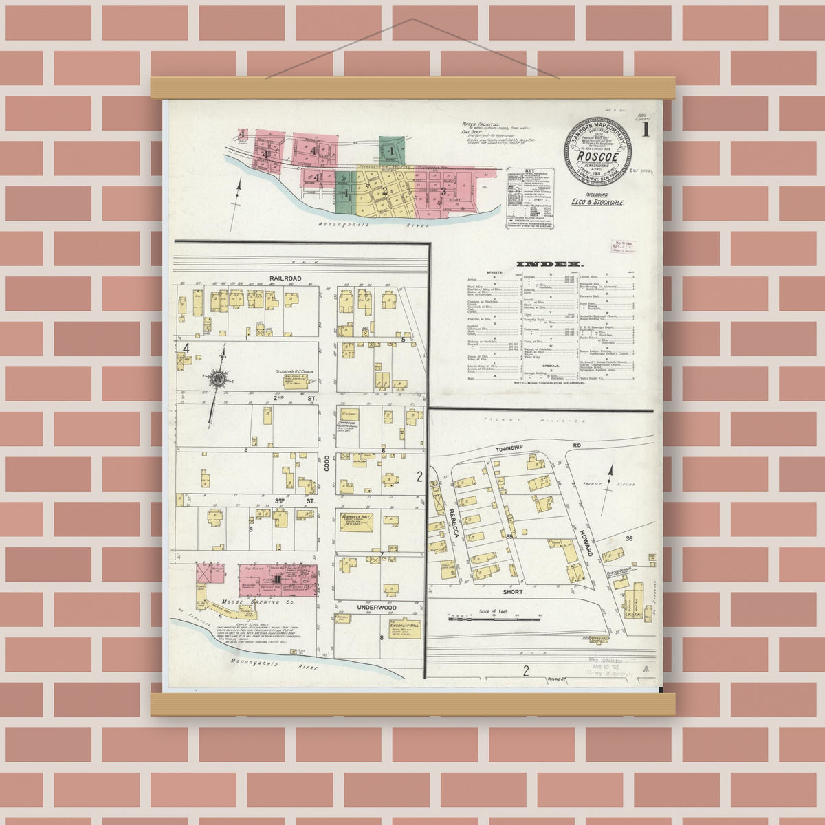 Old map wall art mockup — magnetic wood frame on brick wall — Sanborn Fire Insurance Map from Roscoe, Washington County, Pennsylvania (1911) - Complete Map Set