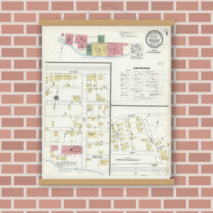 Old map wall art mockup — magnetic wood frame on brick wall — Sanborn Fire Insurance Map from Roscoe, Washington County, Pennsylvania (1911) - Complete Map Set