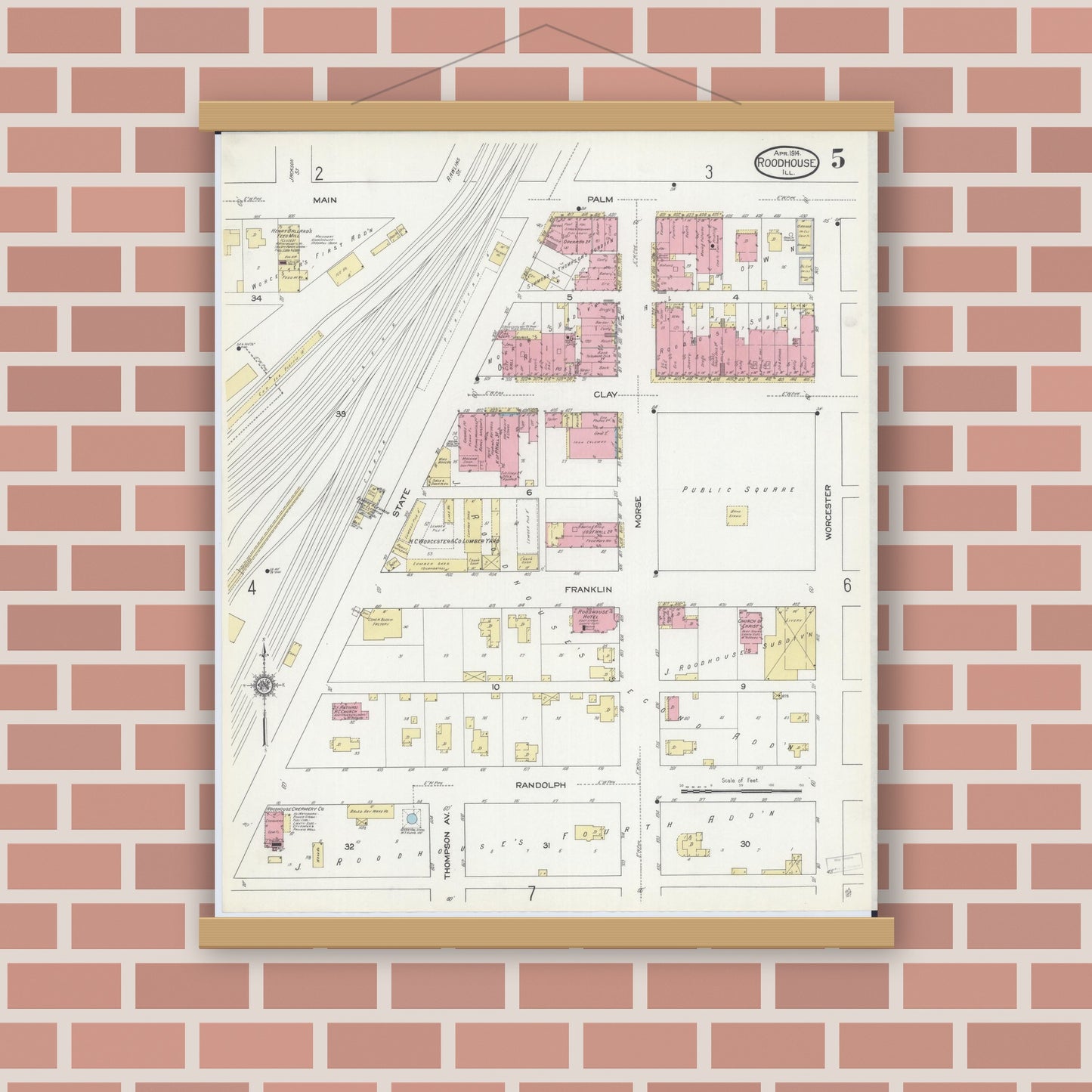 Old map wall art mockup — magnetic wood frame on brick wall — Sanborn Fire Insurance Map from Roodhouse, Greene County, Illinois (1914), Sheet #0005